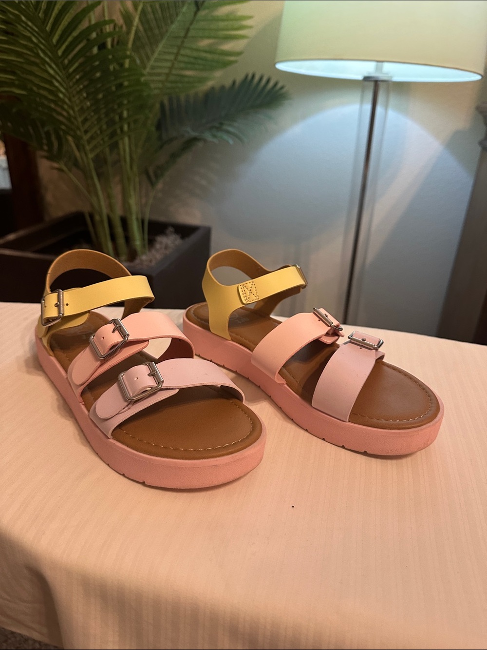 Girls' Pastel Buckle Sandals - Pink & Yellow